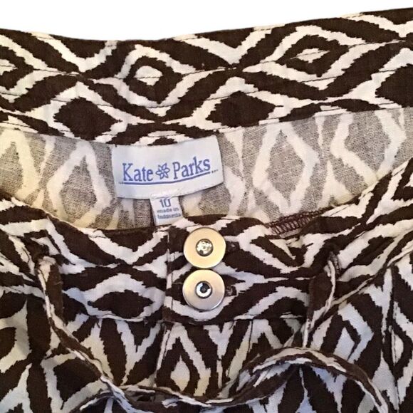 Kate Parks Women’s Linen Capri Pants Brown Cream Designer Buttons Size 10 - Picture 2 of 7